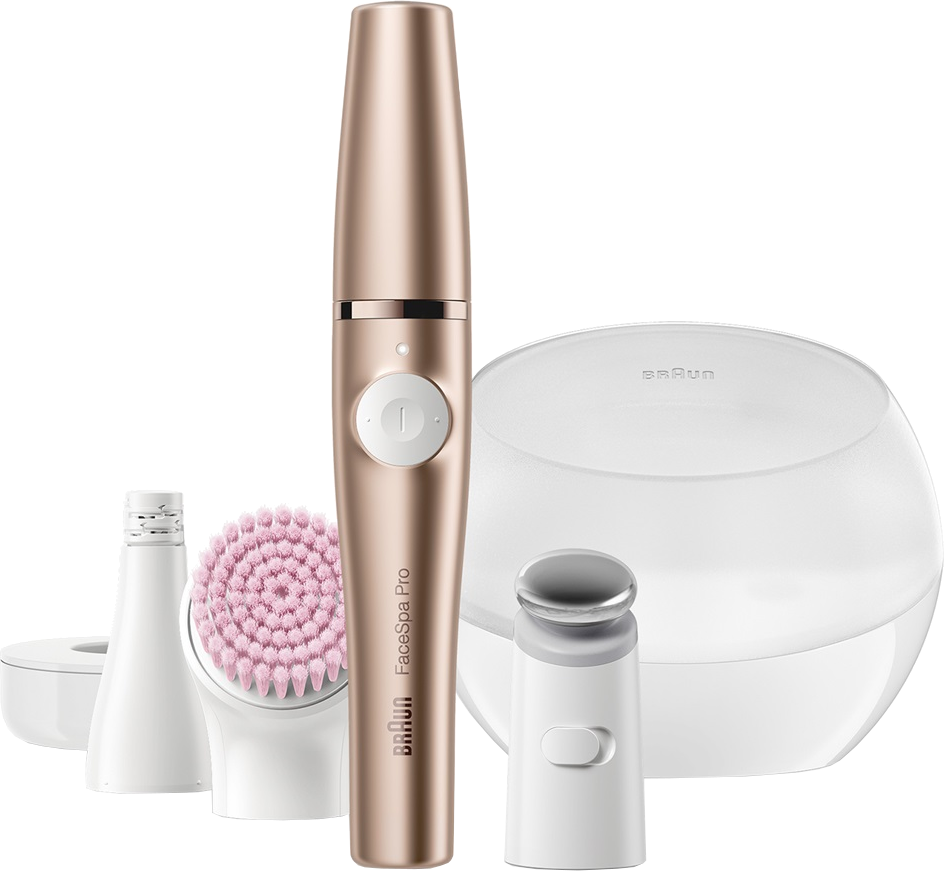 Braun FaceSpa Pro Gesichtsepilierer und Zubehör. Roségoldfarben und weißes Zubehör.
