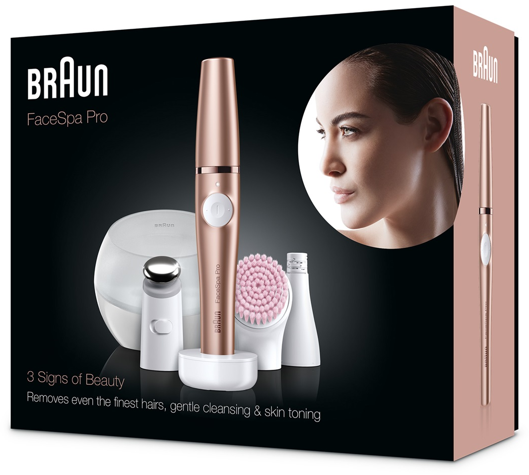 Braun FaceSpa Pro Box mit Gerät und Frauen-Gesicht.