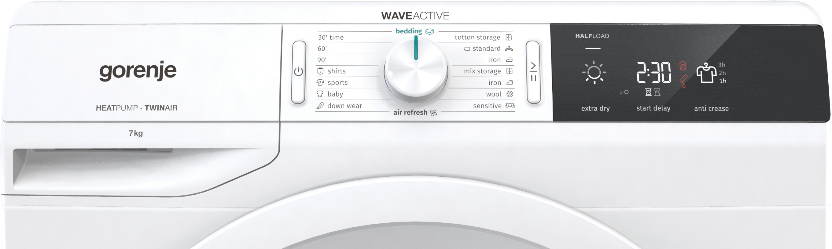 GORENJE DE 71 hőszivattyús szárítógép 7 kg, TwinAir funkció, AirRefresh funkció, Sport program, Késleltetés,