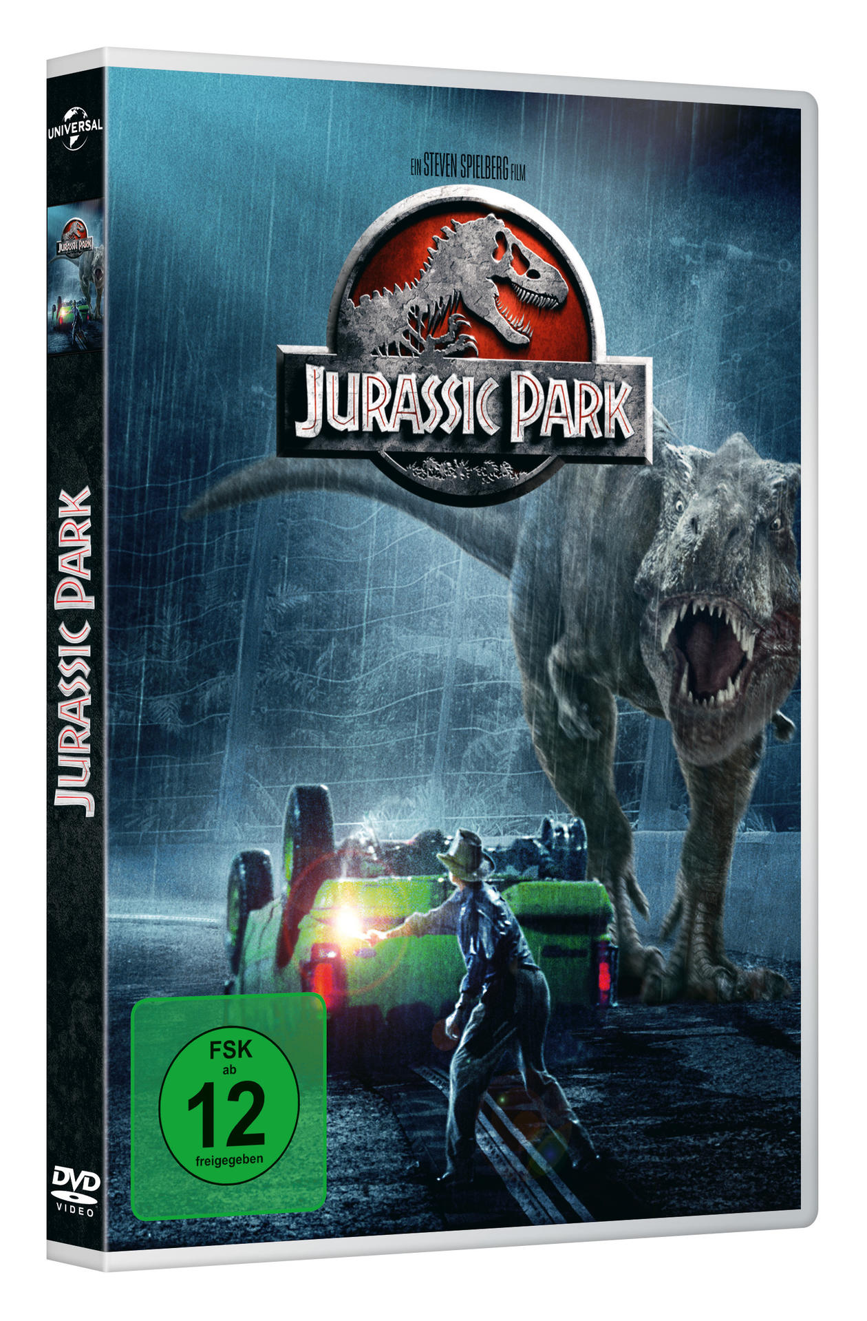 DVD-Hülle von „Jurassic Park“. Ein Dinosaurier und ein Auto sind auf dem Cover abgebildet.