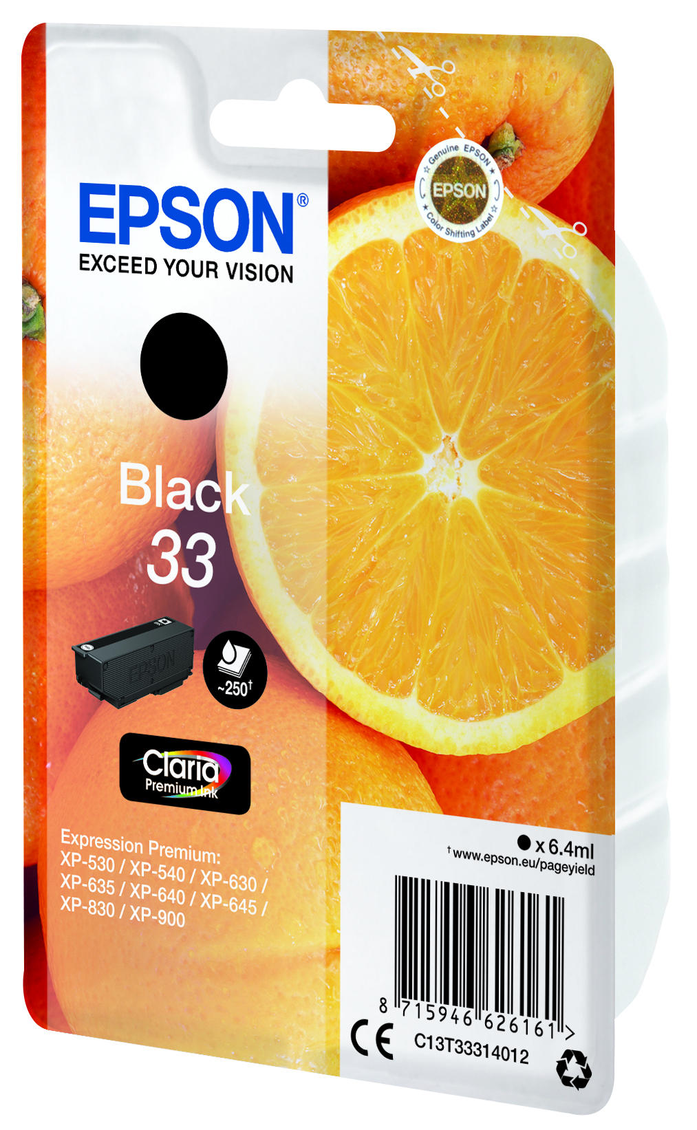 Epson ink cartridge packaging showing a black ink cartridge and an orange slice.