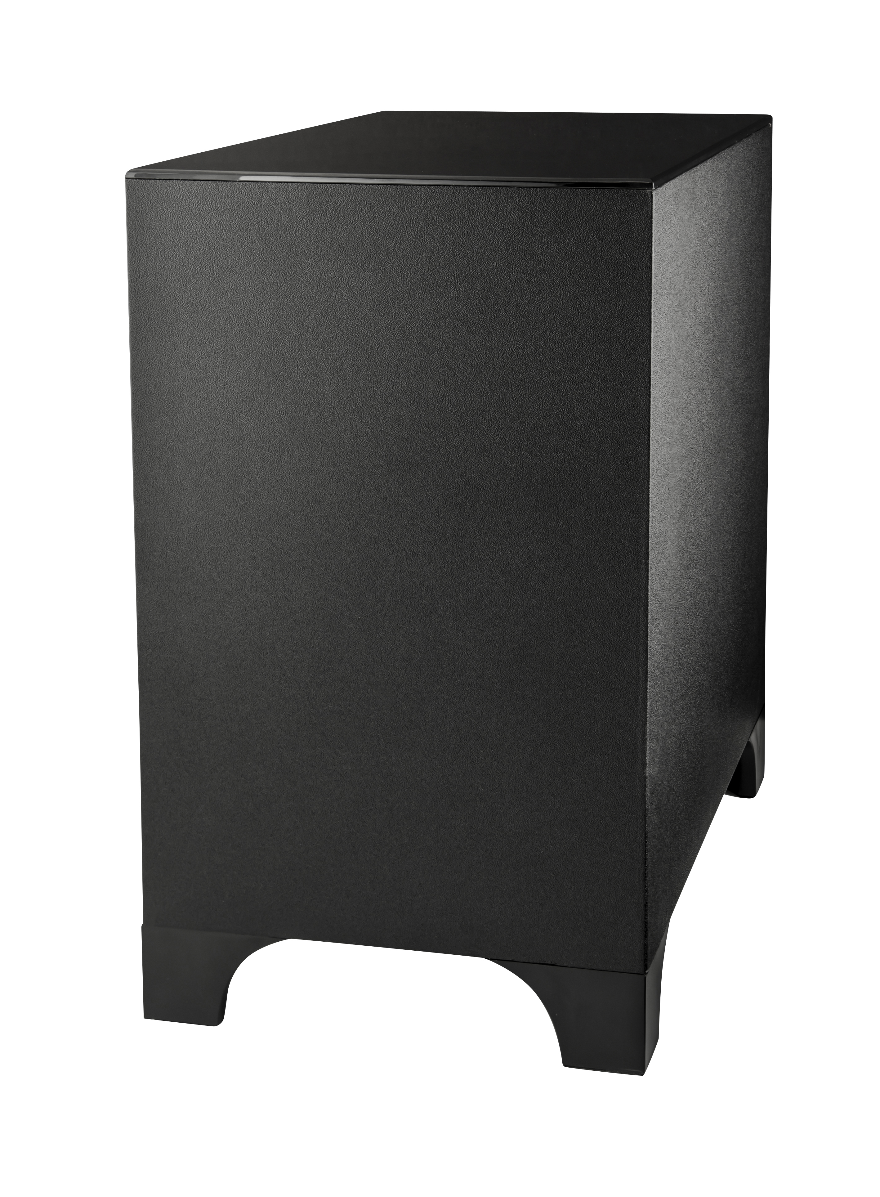 Ein schwarzer, rechteckiger Subwoofer mit strukturierter Oberfläche und schwarzem Sockel.