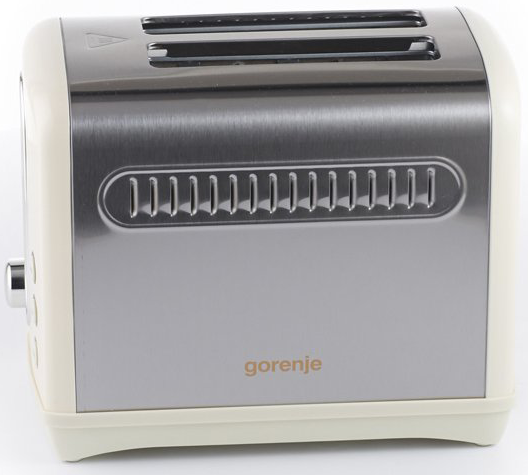 Ezüst és krémszínű kenyérpirító, elől a 'gorenje' márkanévvel.