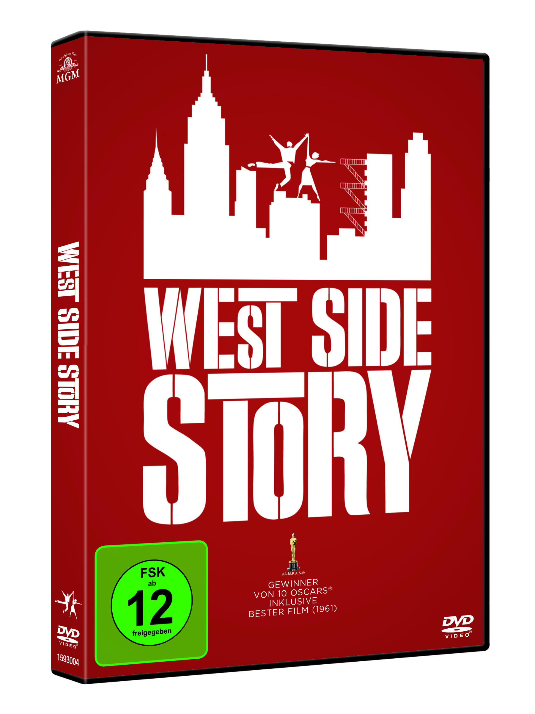 DVD-Hülle für West Side Story. Der Titel und eine Skyline sind weiß auf rotem Hintergrund.