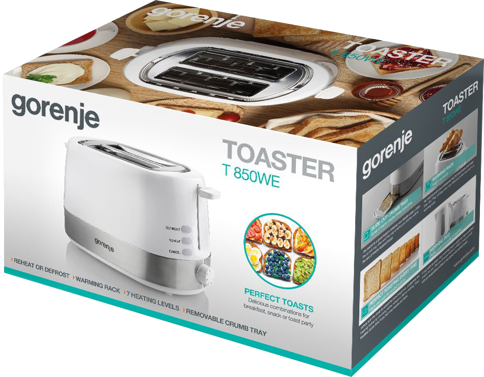 Gorenje kenyérpirító doboz. A kenyérpirító fehér és ezüst. Tökéletes pirítóst tartalmaz.