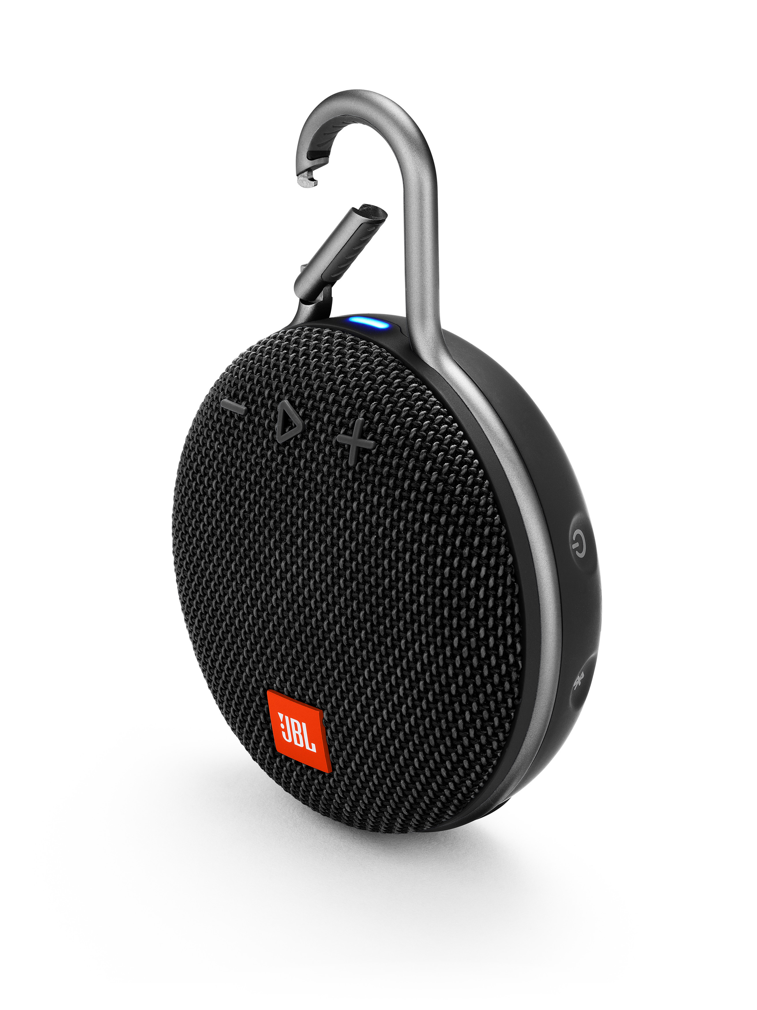 Schwarzer, runder JBL-Lautsprecher mit silbernem Griff und orangefarbenem Logo. Weißer Hintergrund.