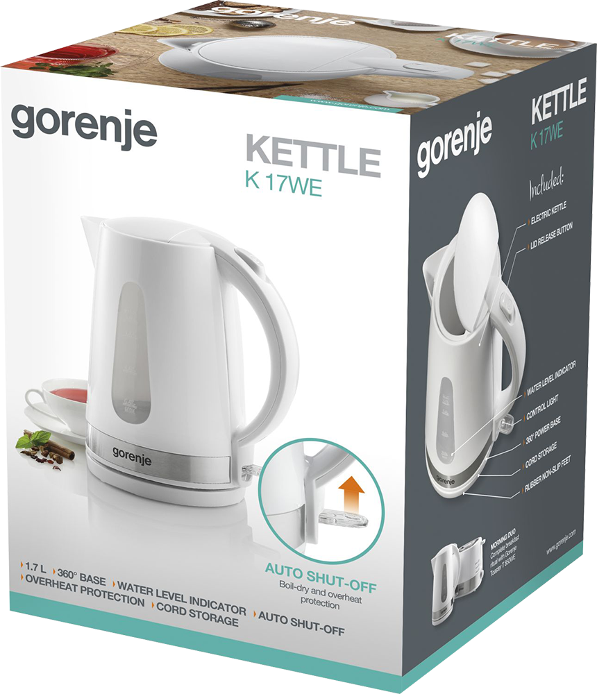 Gorenje vízforraló doboz termékadatokkal. A vízforraló fehér. A funkciók ki vannak emelve.