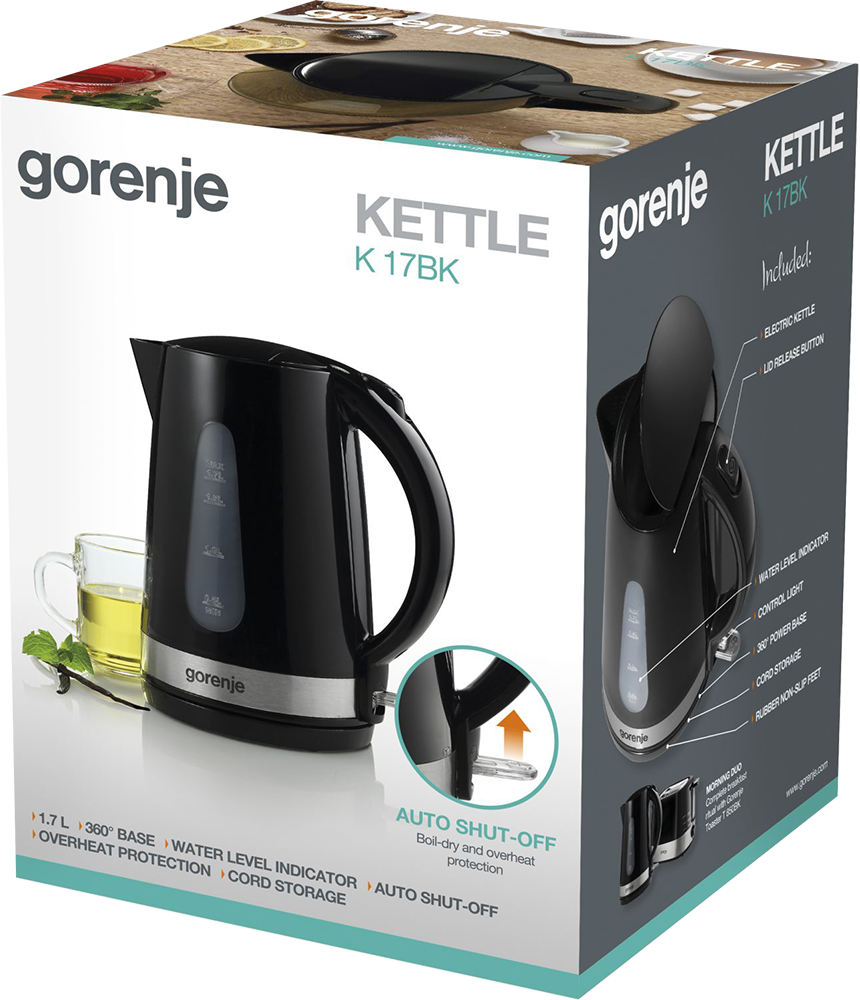 Gorenje vízforraló doboz a vízforraló képeivel és funkcióival: automatikus kikapcsolás, vízszint és egyebek.