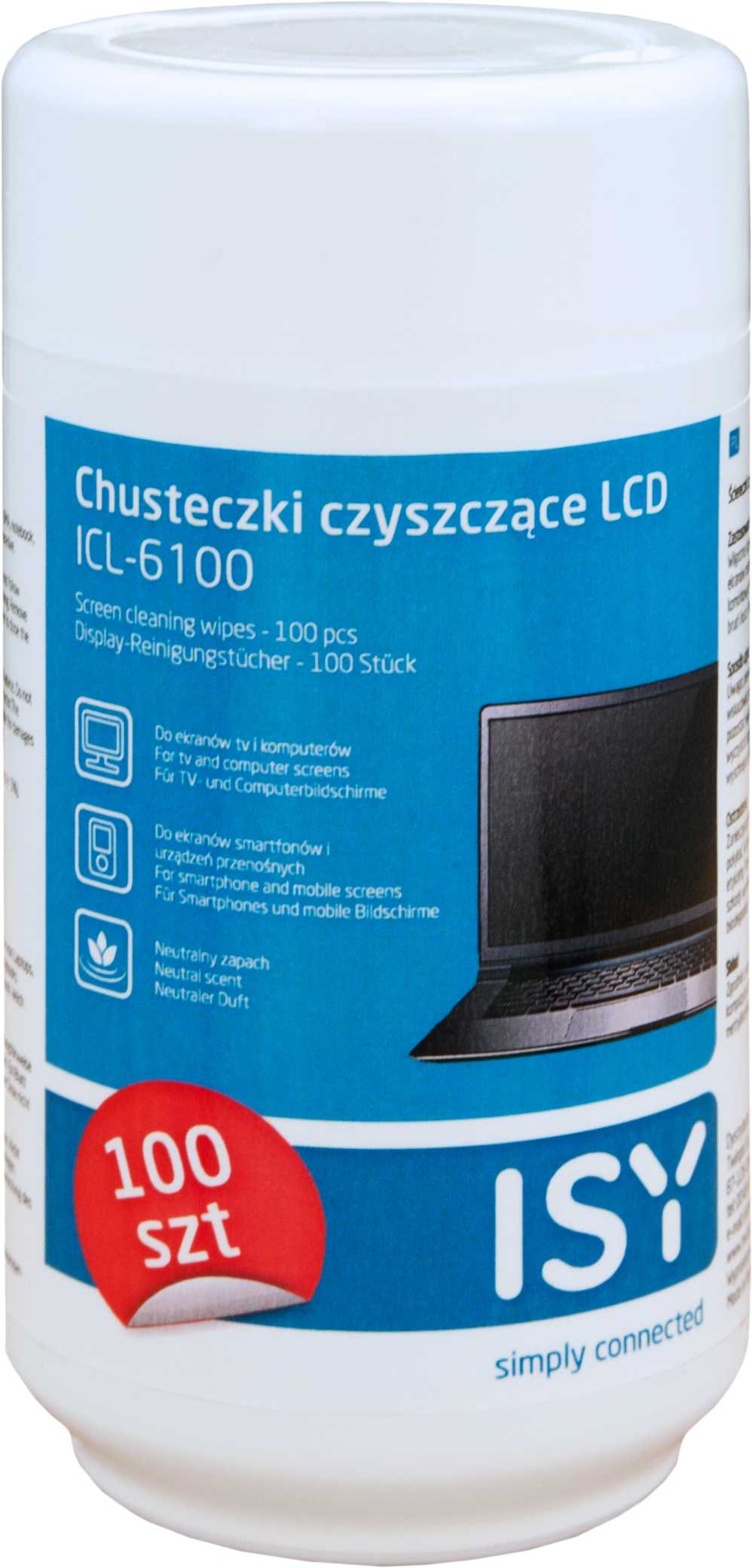 Fehér tisztítókendő tartó, szöveggel: képernyő tisztító kendők, és egy laptop képe.