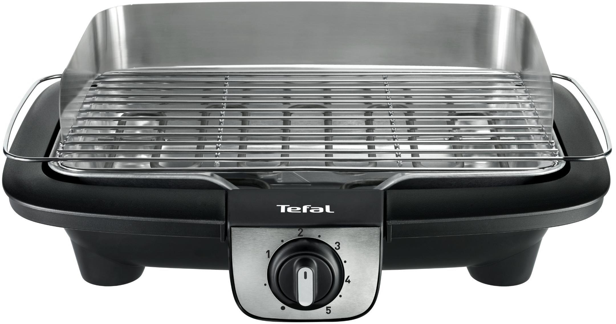 Zwarte elektrische grill met een roestvrijstalen rooster en een temperatuurregelaar.