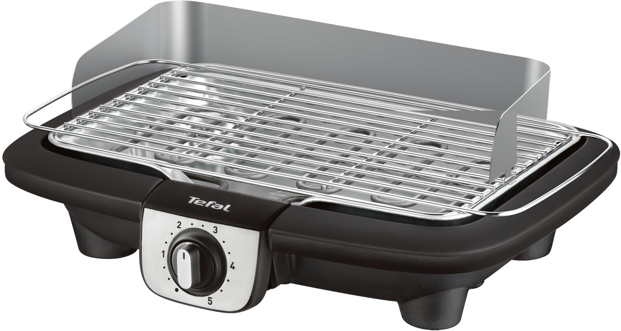 Een zwarte en zilveren elektrische grill met een metalen grillrooster en een temperatuurregelaar.