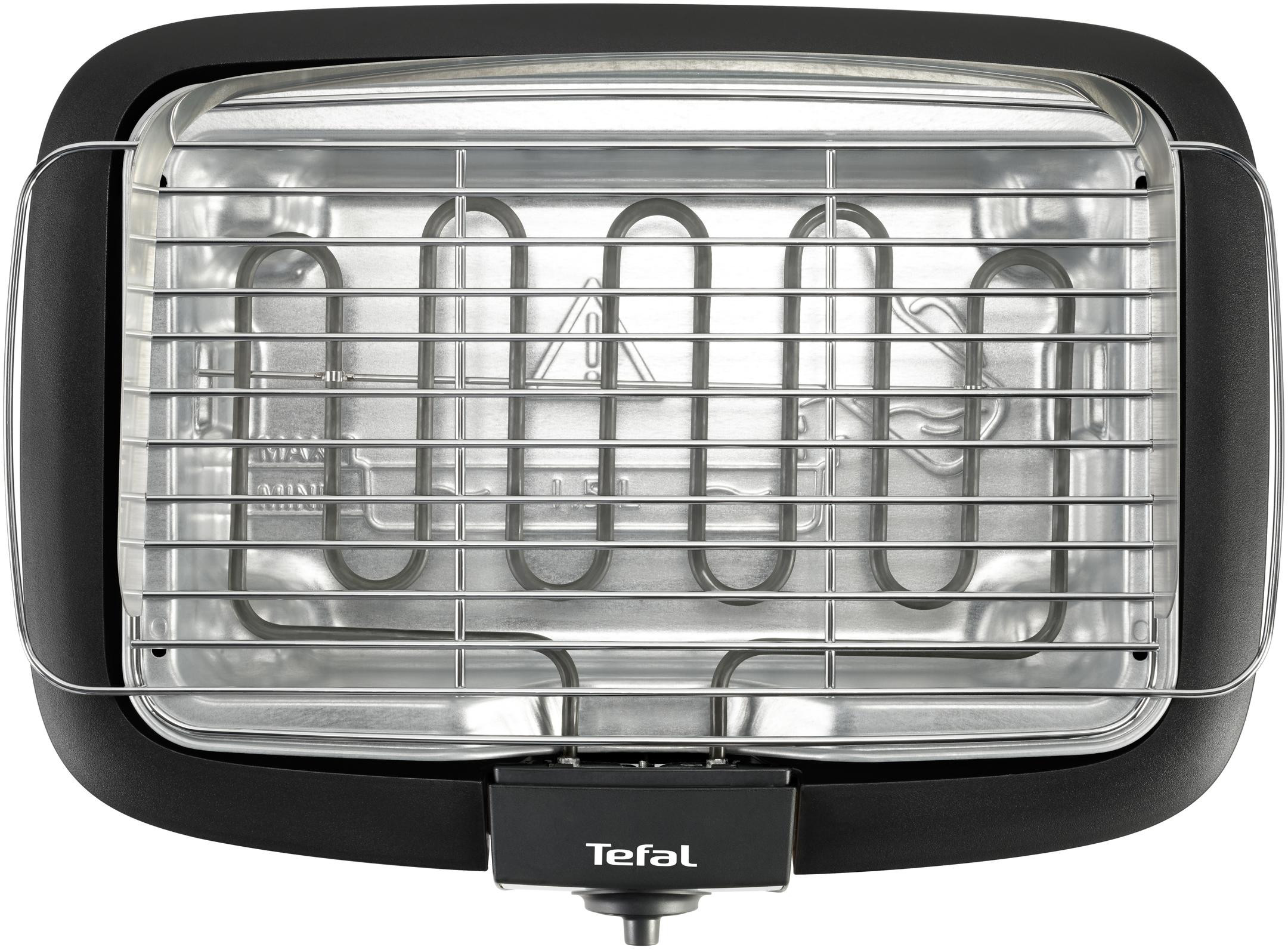 Bovenaanzicht van een zwarte Tefal elektrische grill met verwarmingselementen en een grillrooster.