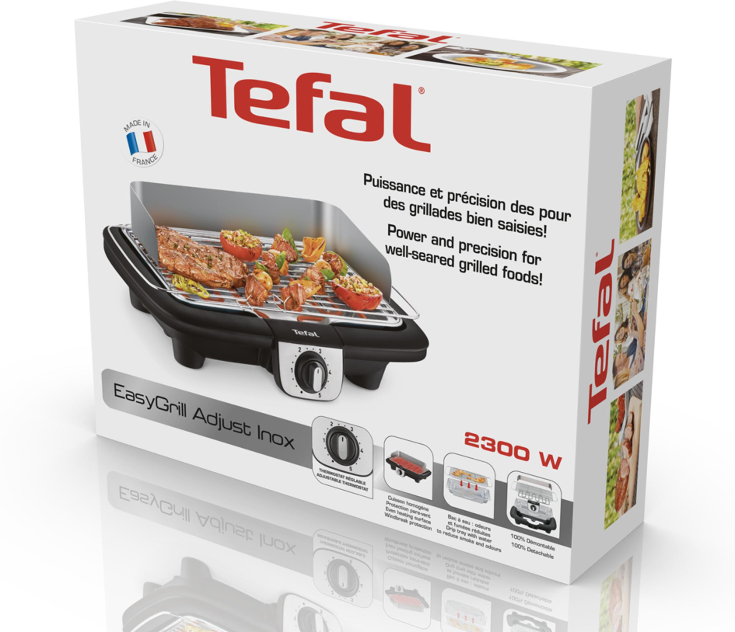 Boîte Tefal EasyGrill, aliments grillés, avec un grill noir et une boîte rouge.
