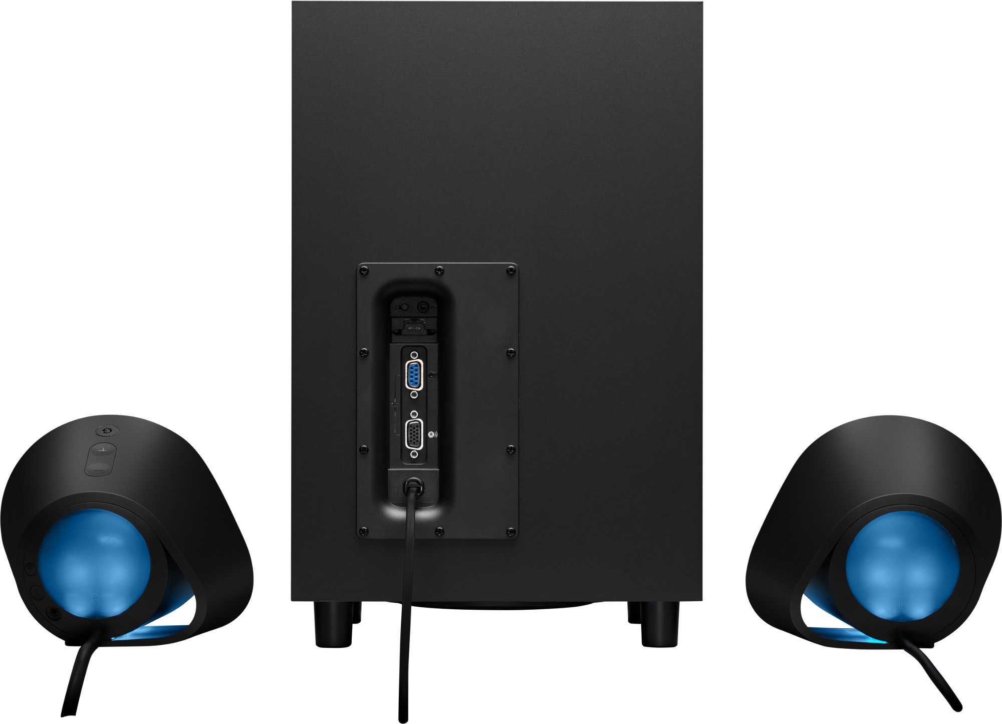 Zwarte computerspeakers. Een subwoofer in het midden, twee speakers aan weerszijden.