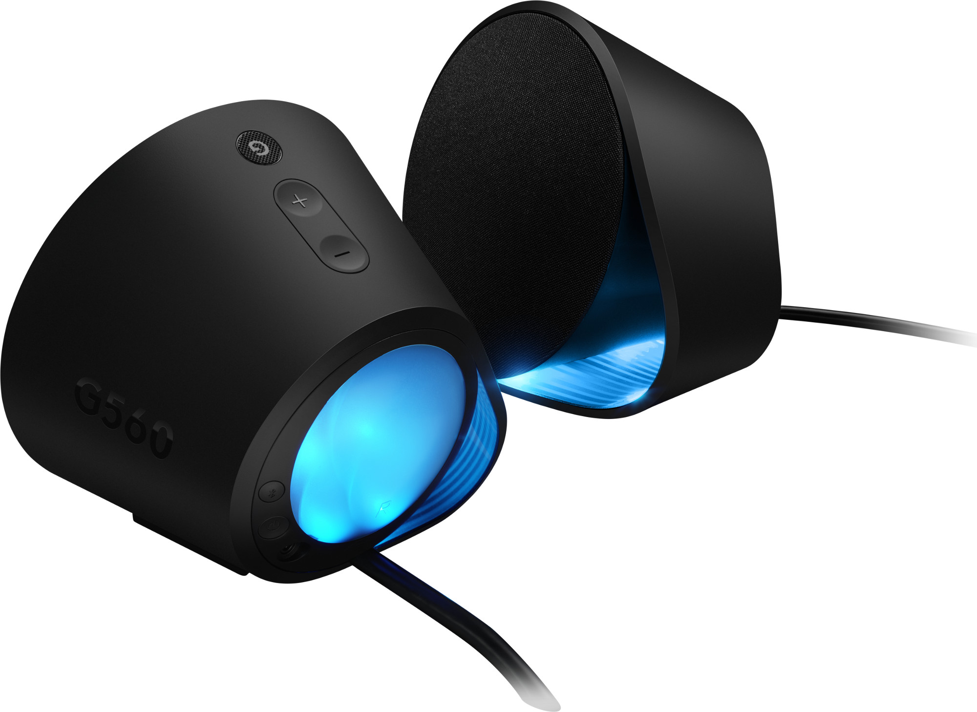 Paar zwarte Logitech G560-luidsprekers, blauwe lichten en een aan/uit-knop.