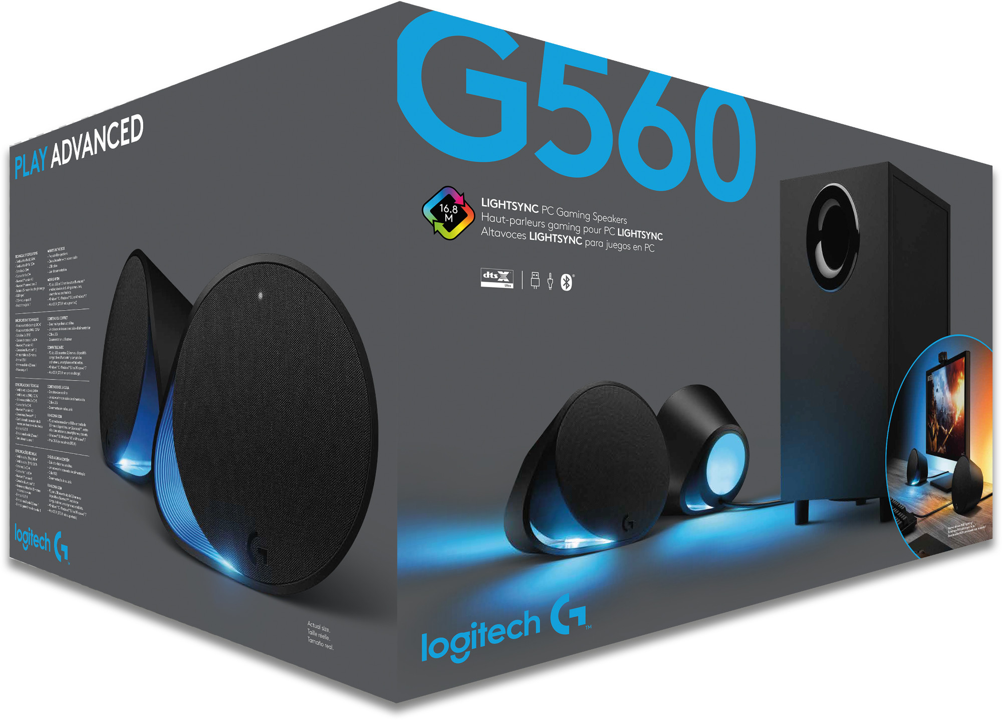 Doos met Logitech G560 pc-gamingluidsprekers. Met luidsprekers en een subwoofer.