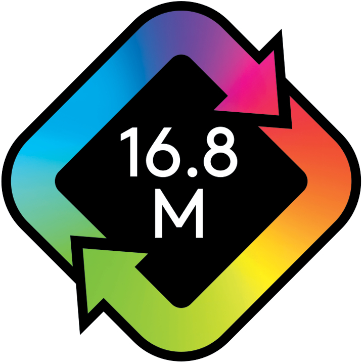 Een kleurrijk logo met pijlen en de tekst 16.8M.