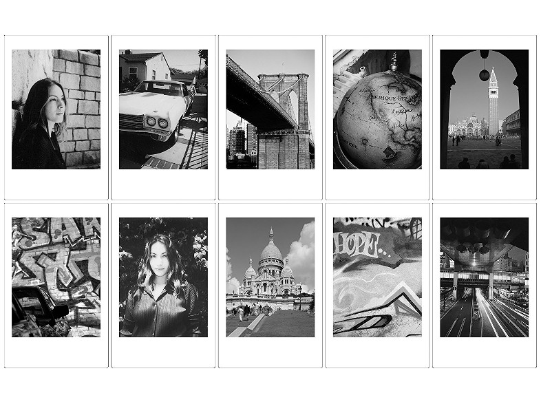 Tíz fekete-fehér polaroid fotó gyűjteménye, különböző jelenetek.