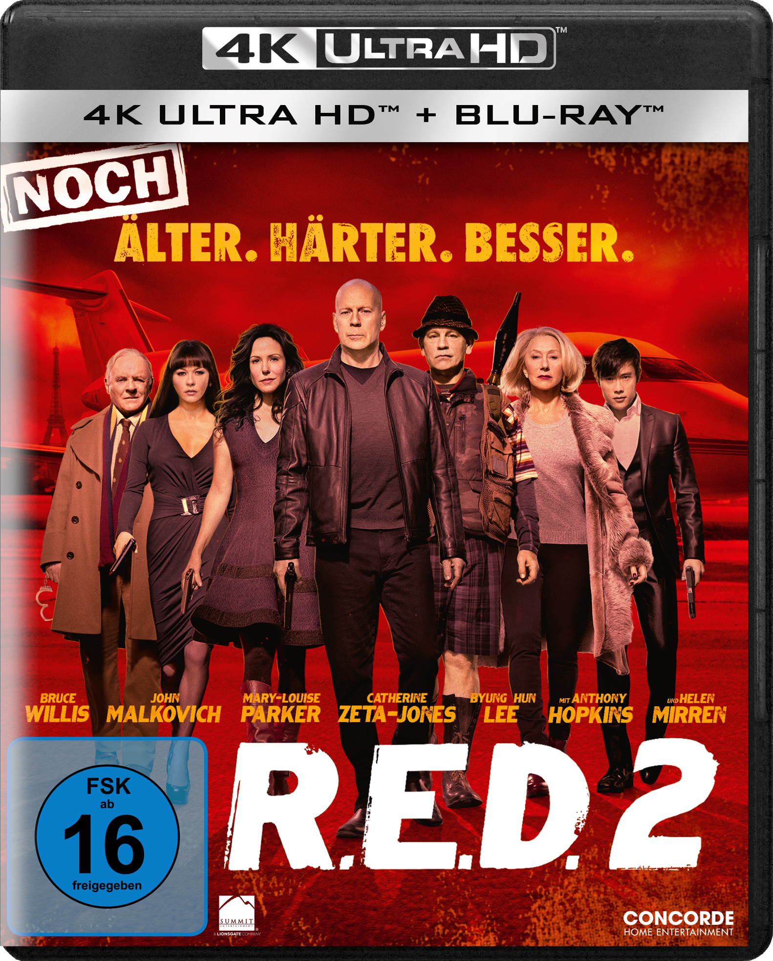 RED 2-Filmcover mit Schauspielern, Titel und rotem Hintergrund mit Flugzeug.