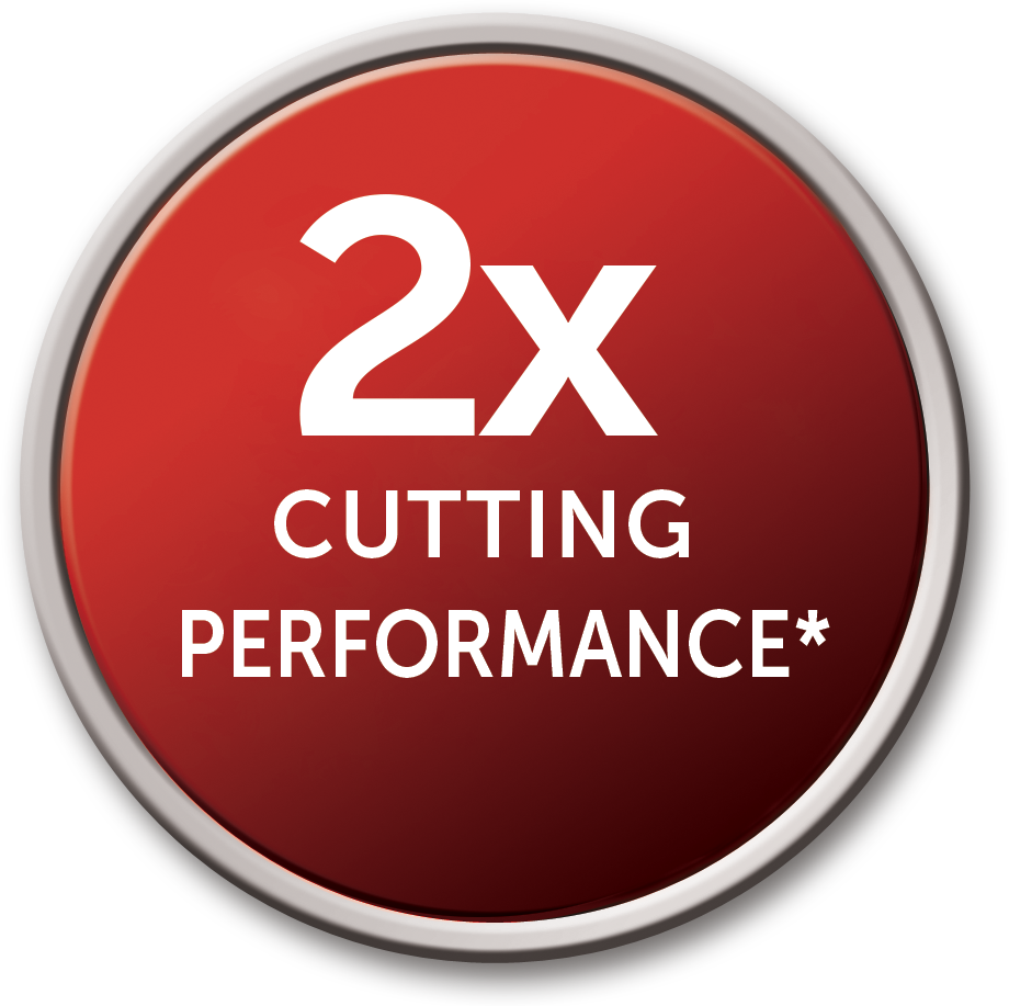 Piros-ezüst gomb fehér felirattal: '2X CUTTING PERFORMANCE*'.