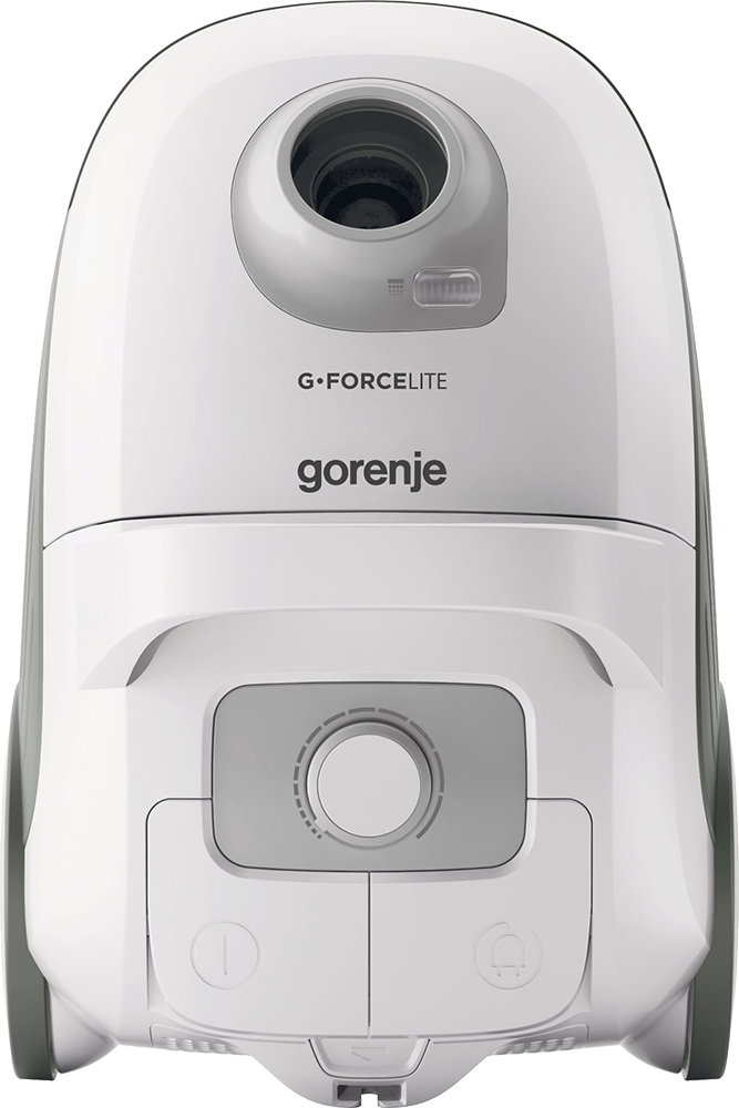 Fehér Gorenje porszívó szürke betétekkel, elölnézet és kezelőszervek láthatók.