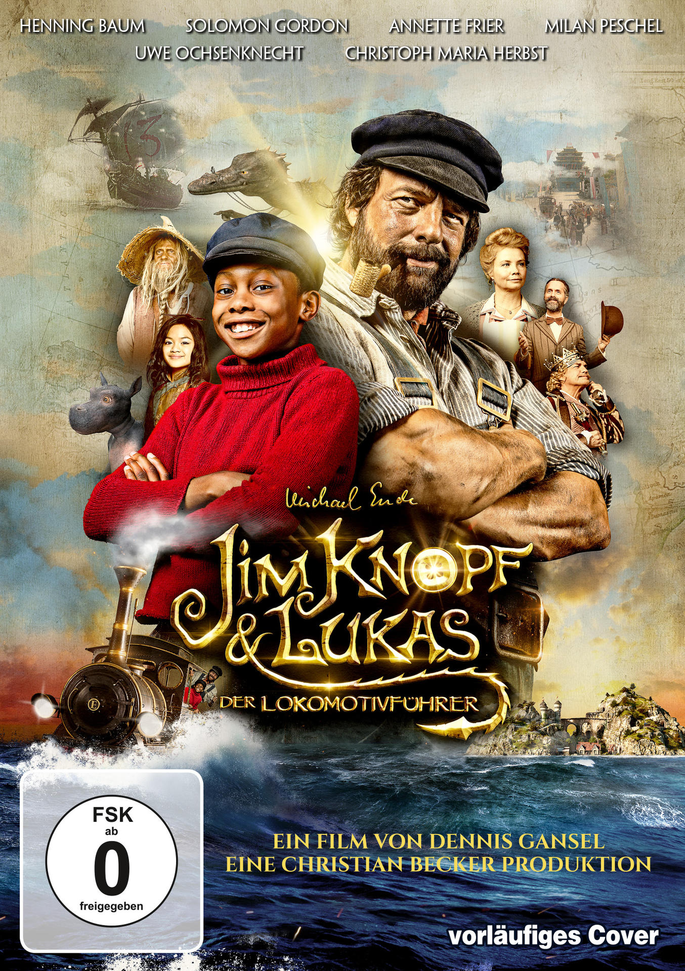 Filmposter, zwei Männer und ein Junge, Titel 'Jim Knopf & Lukas' und weitere Charaktere.