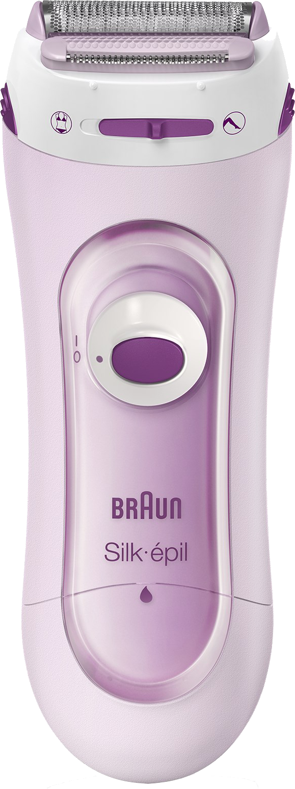 Een roze Braun Silk-épil epilator met een paarse accent, met aan/uit en snelheidsregelaars.