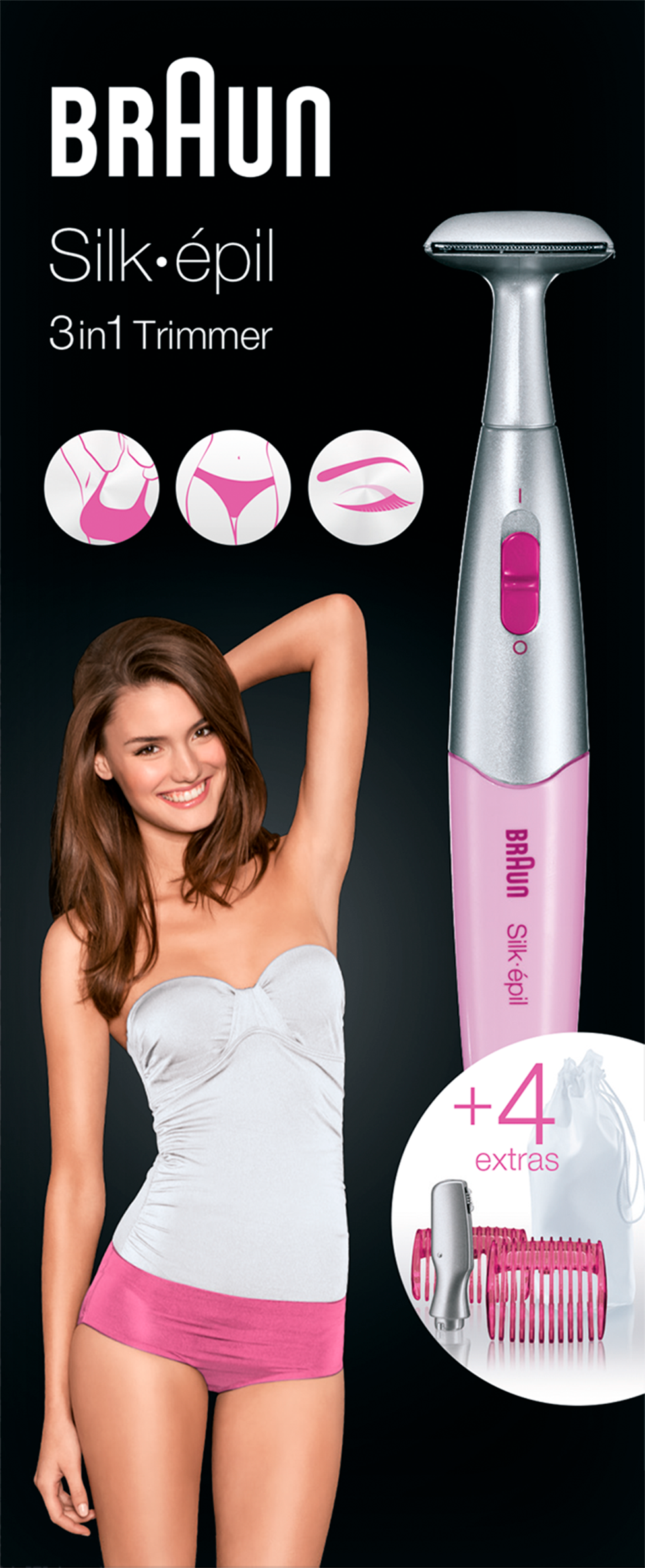 Woman using a pink Braun Silk-épil 3-in-1 trimmer, with additional attachments and accessories.