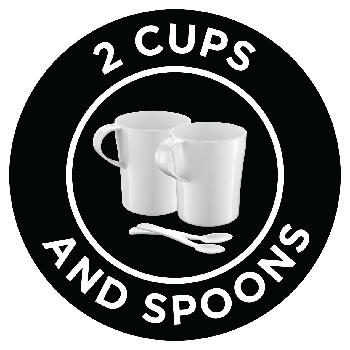 Egy fekete kör fehér szöveggel, mely szerint "2 CUPS AND SPOONS" két fehér bögrével.