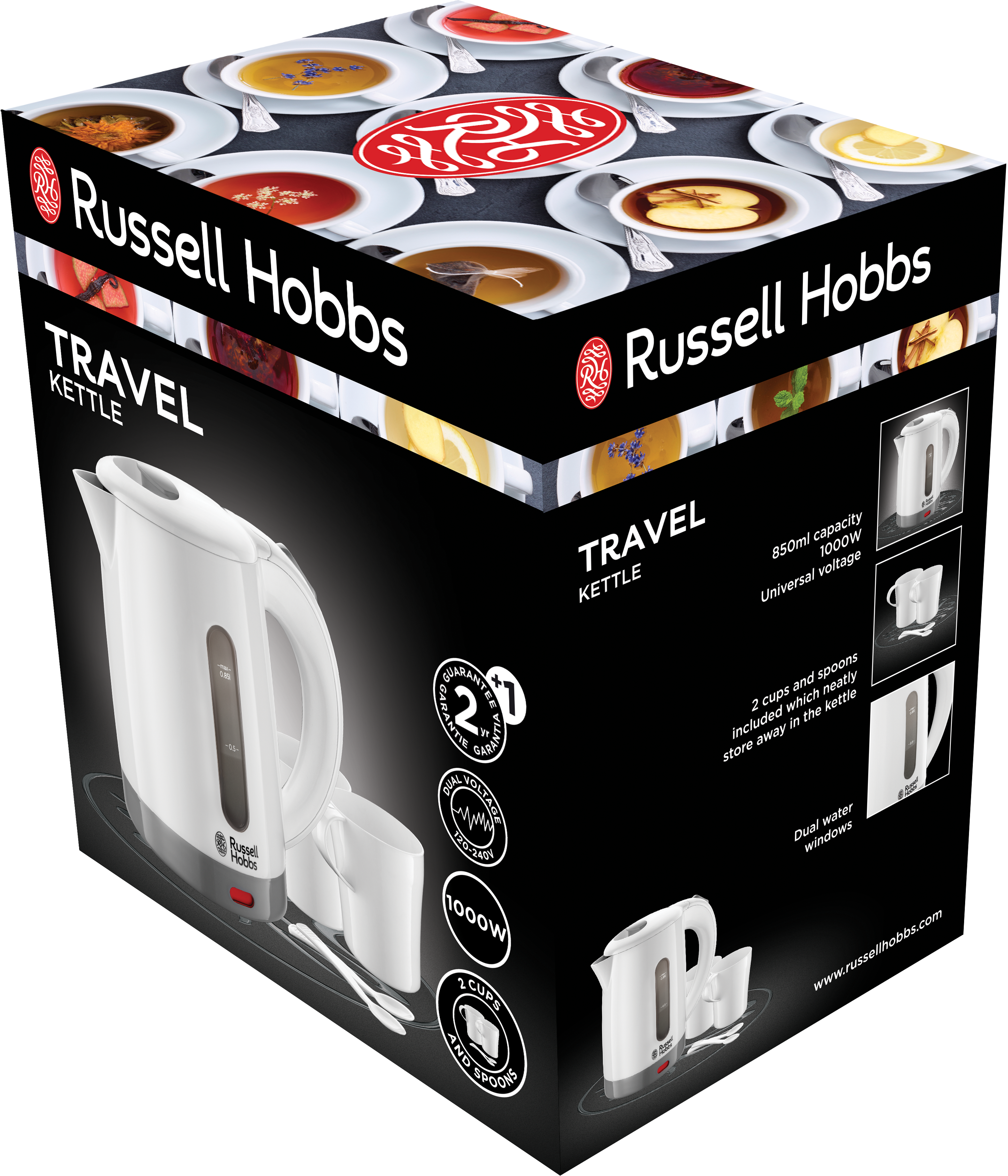 Fehér Russell Hobbs Travel Kettle csomagolódoboz, a vízforralóval és annak jellemzőivel.