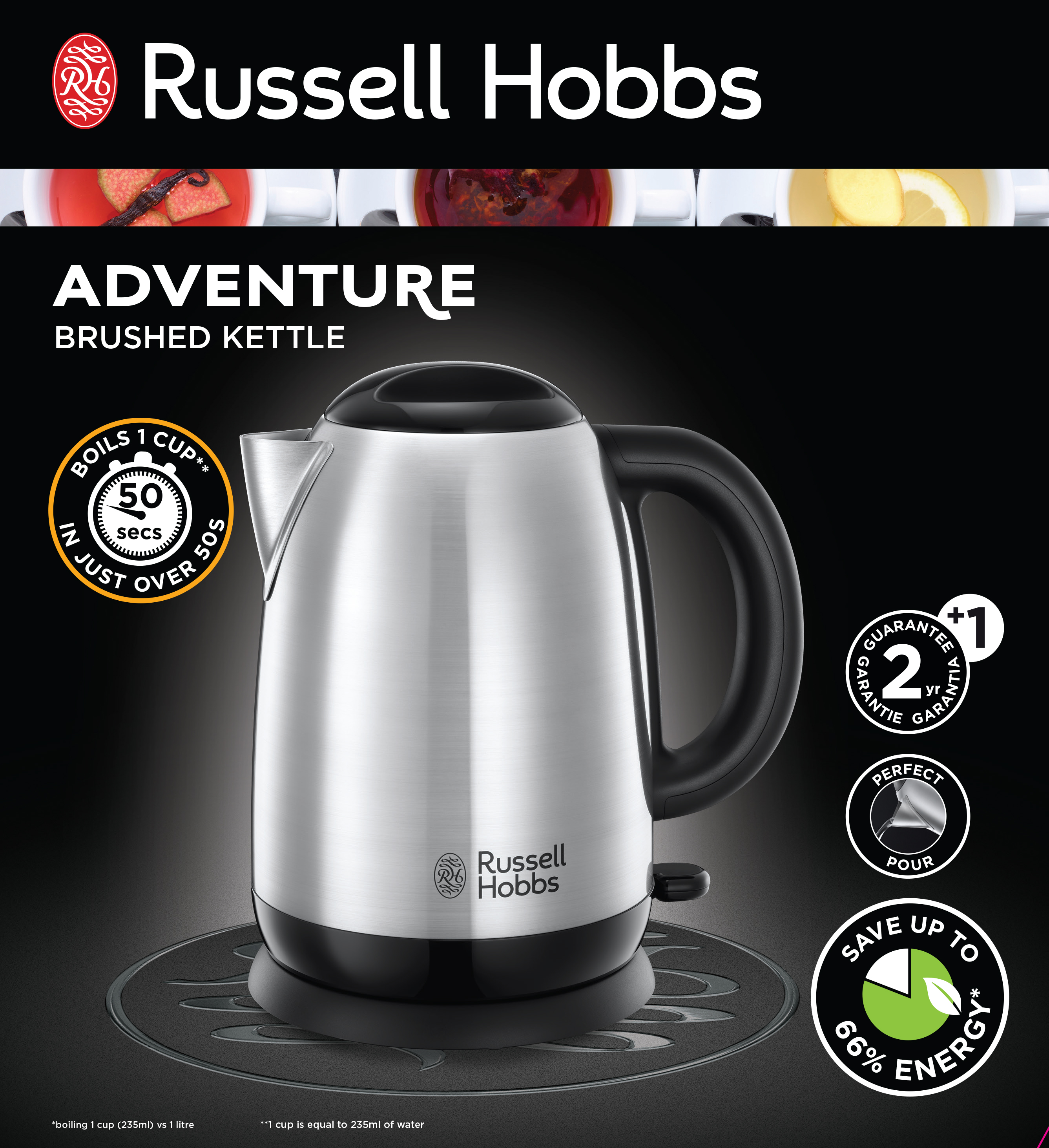 Russell Hobbs Adventure vízforraló. Rozsdamentes acél fekete alappal és fogantyúval. Fekete háttér.