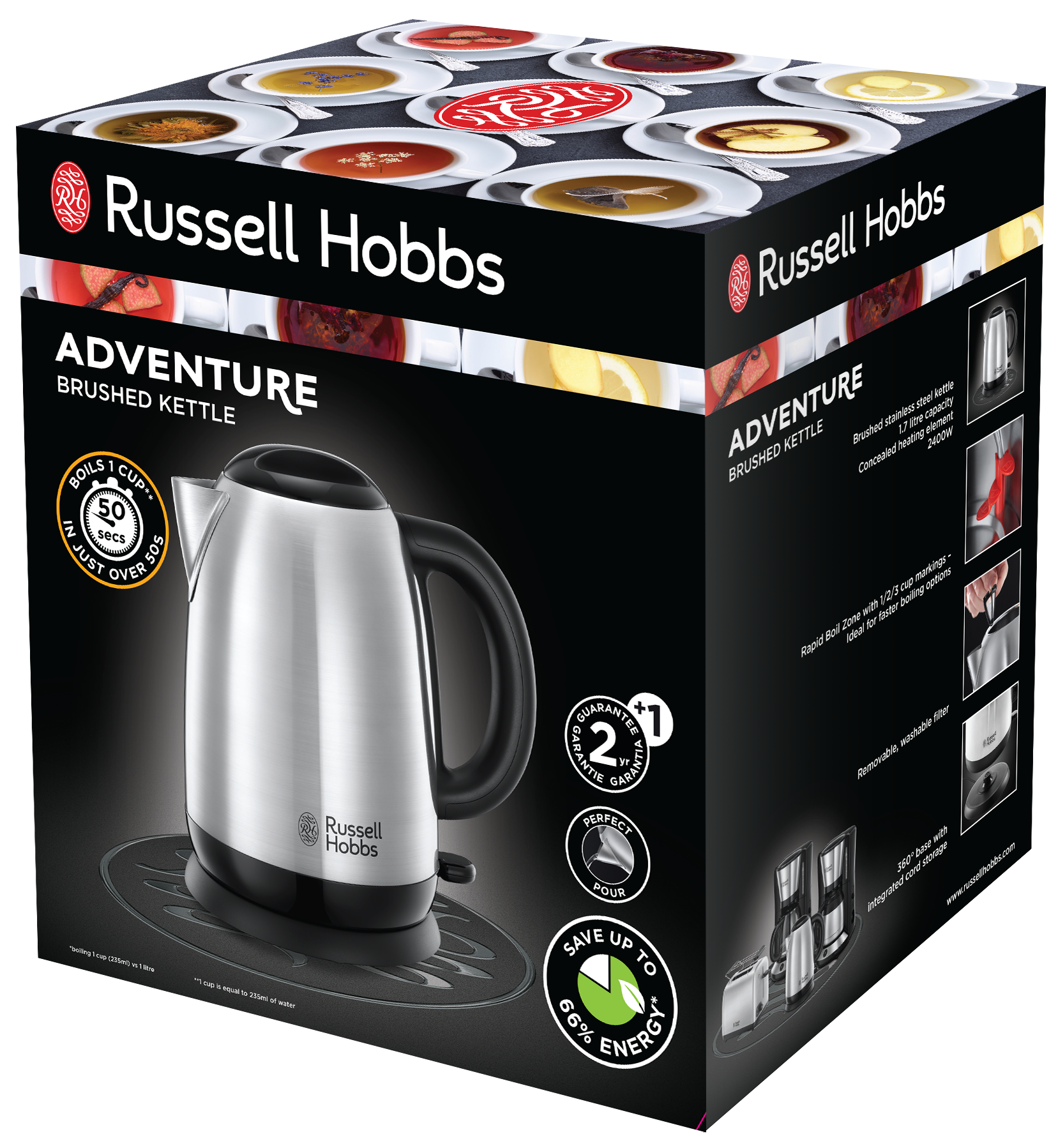 Russell Hobbs vízforraló, dobozzal, amely a funkciókat és a márkajelzést mutatja.
