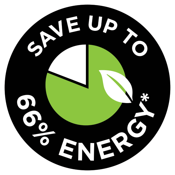 Fekete kör alakú grafika zöld tortadiagrammal, akár 66% energiamegtakarítás.