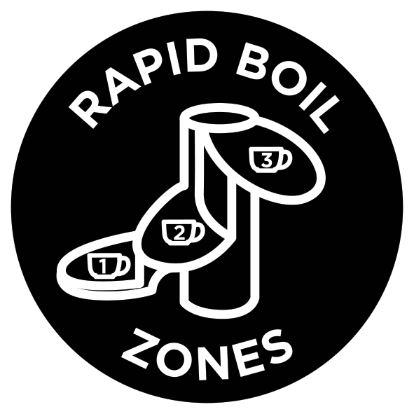 Fekete-fehér logó fekete háttérrel. Három csészét és a RAPID BOIL ZONES szavakat tartalmazza.