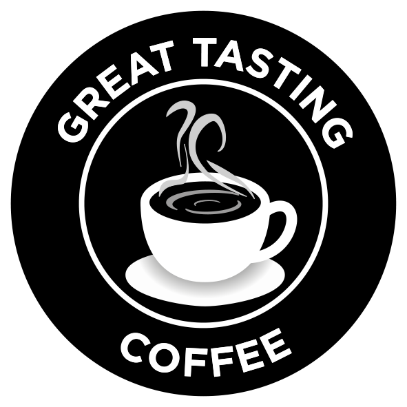 Fekete-fehér kávé logó. Egy kávéscsészét ábrázol gőzzel, és a 'Great Tasting Coffee' feliratot.