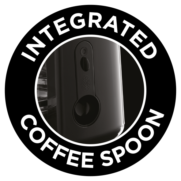 Egy beépített kávéskanál közelképe. A szöveg: INTEGRATED COFFEE SPOON.