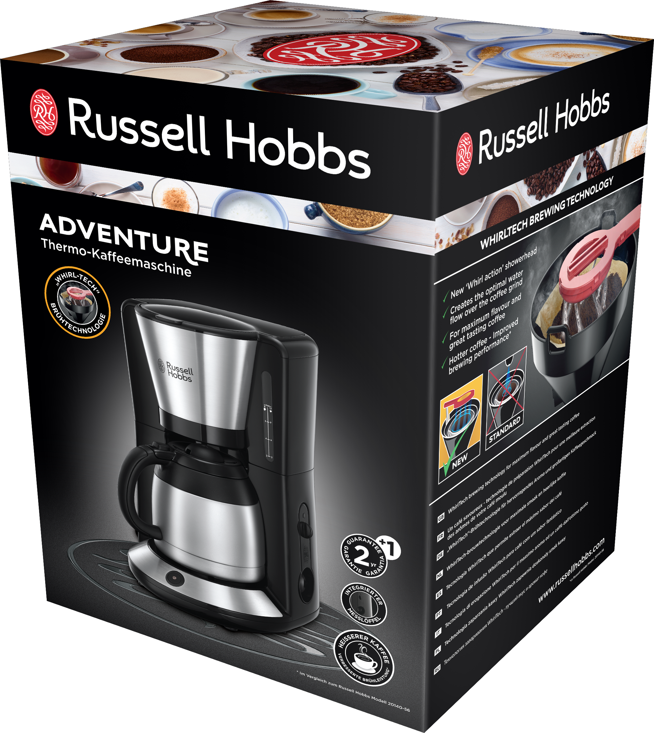 Russell Hobbs kávéfőző doboza, a kávéfőzővel az elején, és szöveggel.