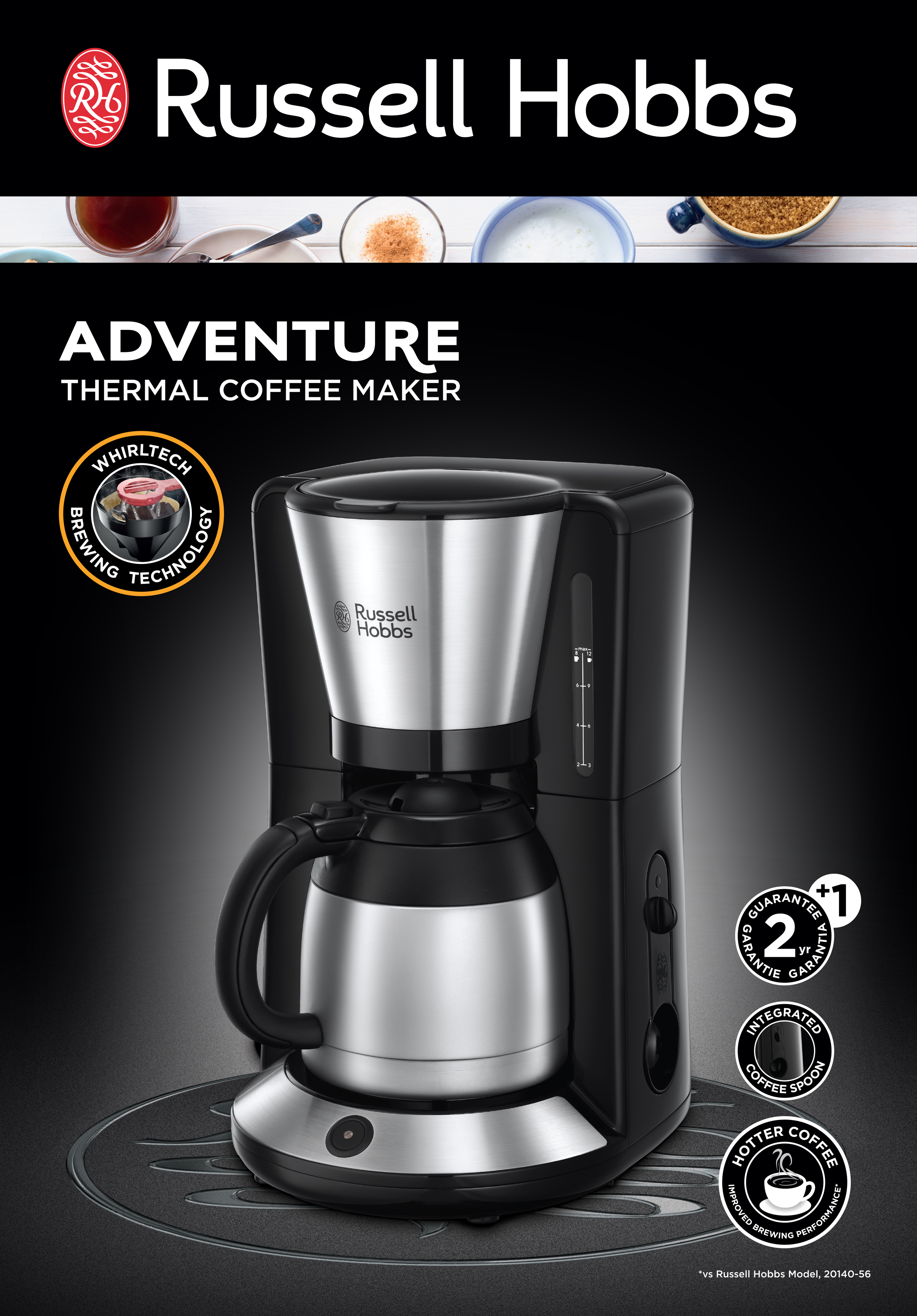 Russell Hobbs Adventure termikus kávéfőző. Fekete-ezüst, ezüst kancsóval.