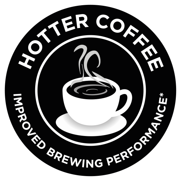 Kör alakú fekete logó a következő szöveggel: HOTTER COFFEE, IMPROVED BREWING PERFORMANCE, és egy bögre.