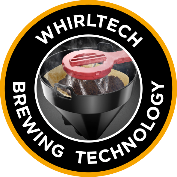 Közelkép egy kávéfőző rendszerről, piros fogantyúval és a 'Whirltech Brewing Technology' felirattal.