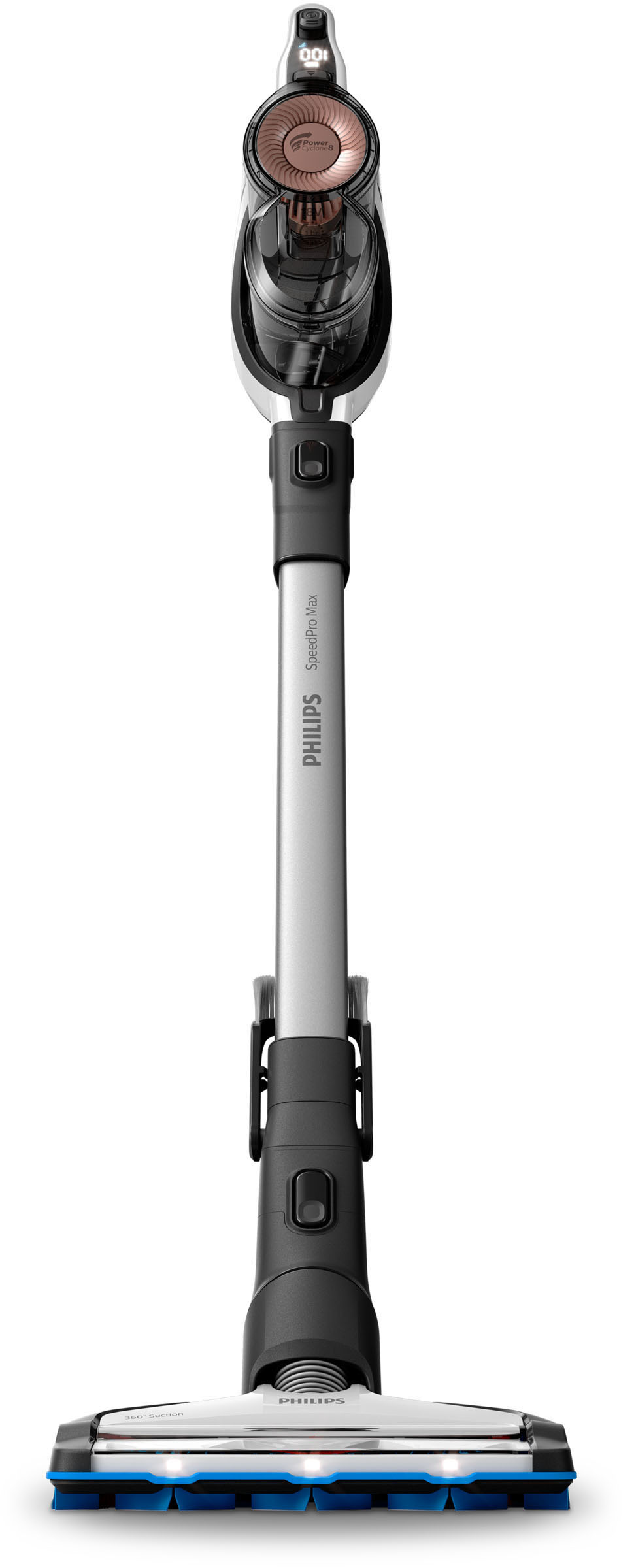 Ein Philips SpeedPro Max Staubsauger. Er hat einen silbernen Griff und schwarze und transparente Teile. Der Kopf hat blaue Bürsten.
