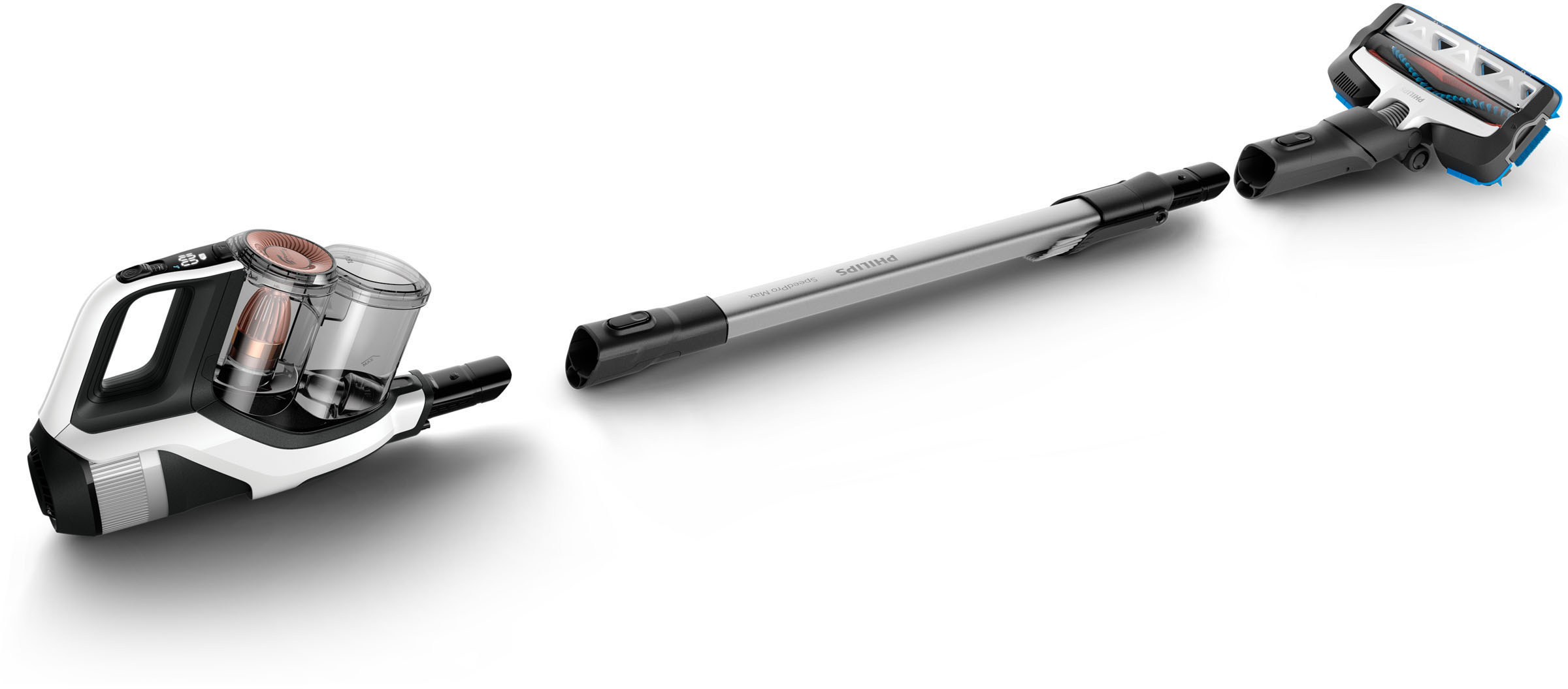 Explosionsansicht eines Philips SpeedPro Max Staubsaugers. Teile umfassen Korpus, Verlängerungsrohr und Bürstenkopf.