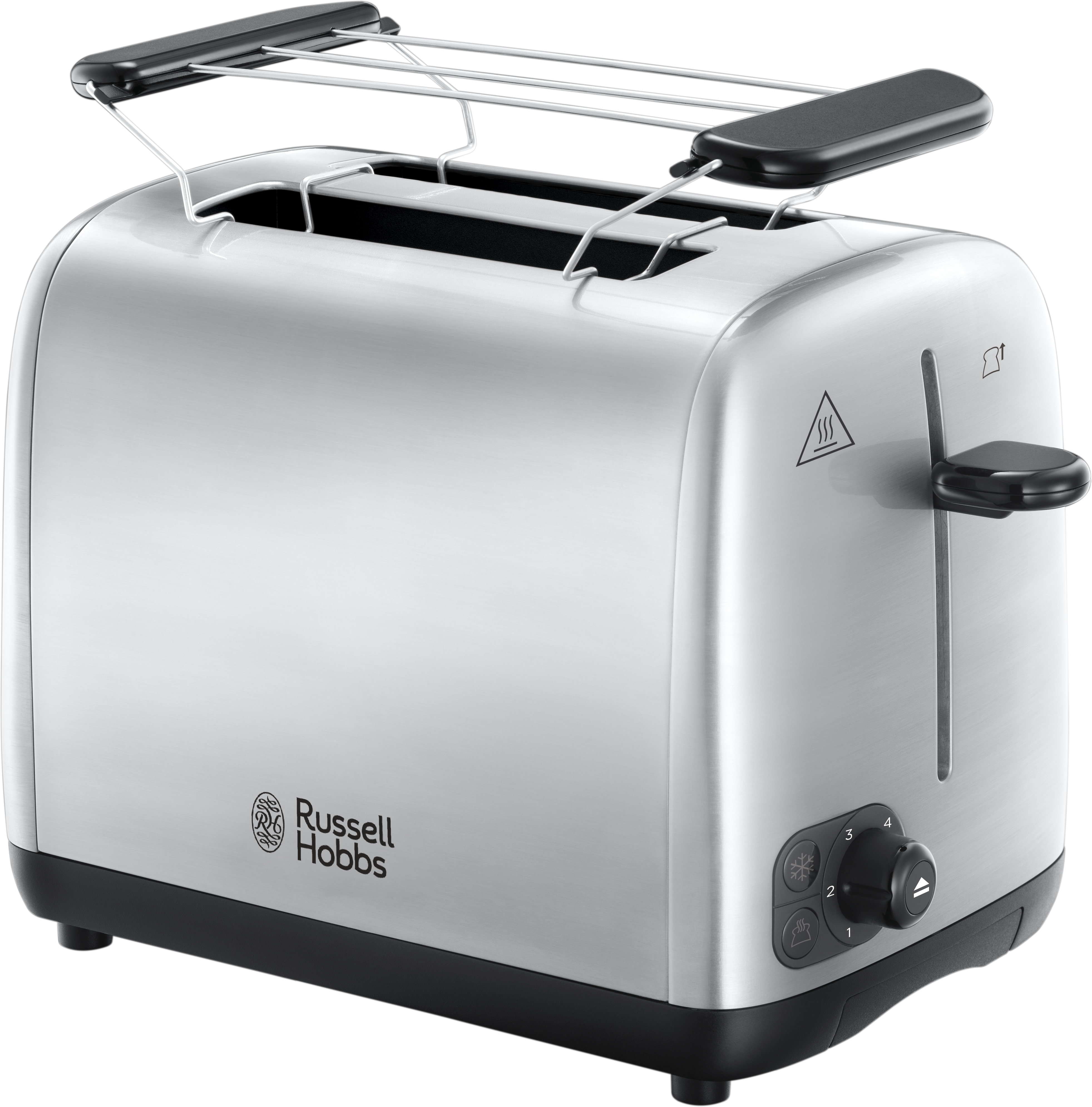 Ezüst Russell Hobbs kenyérpirító. Fekete alappal és oldalsó karral rendelkezik.