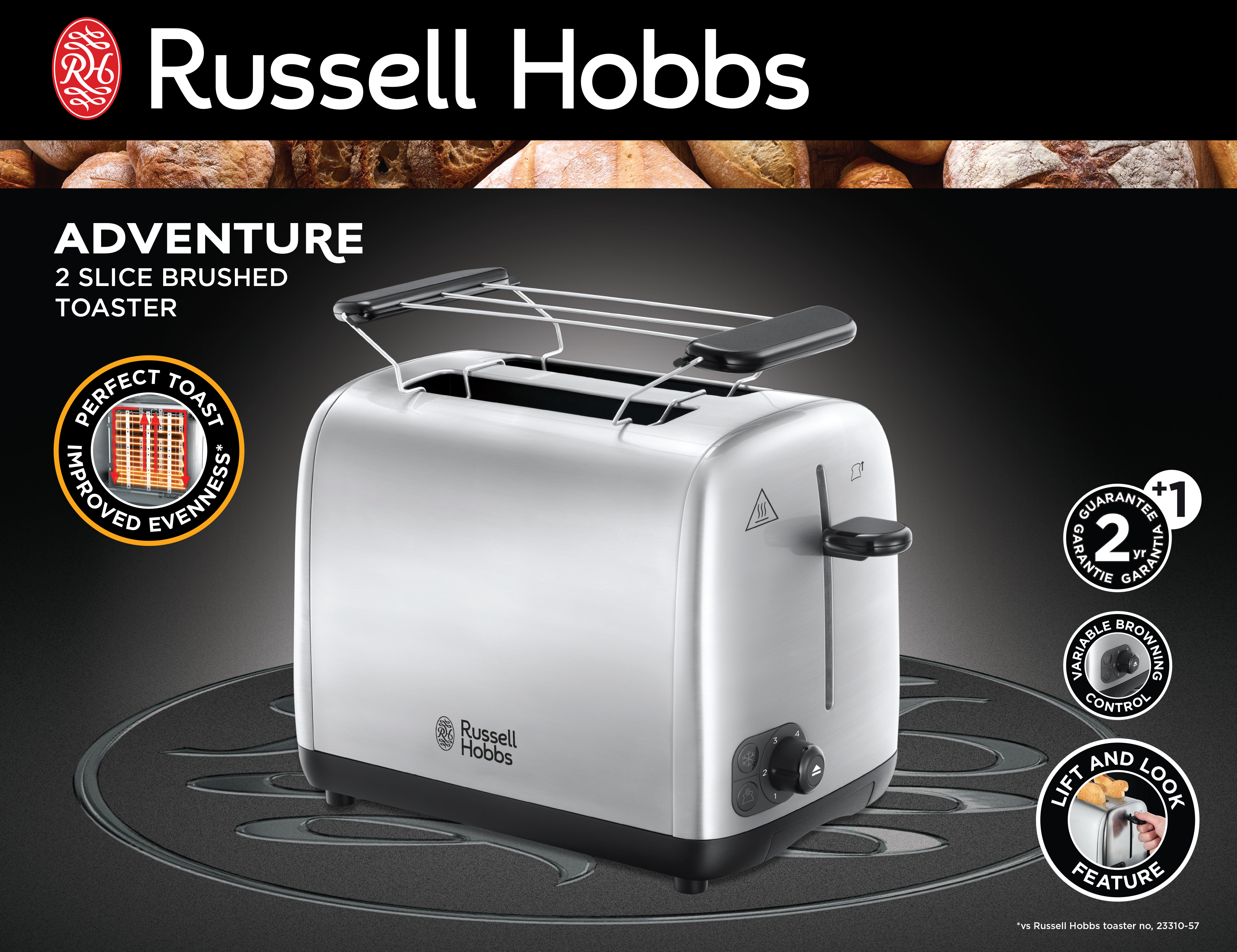 Egy ezüst Russell Hobbs kenyérpirító doboz, benne egy kenyérpirítóval. Szöveg a dobozon.