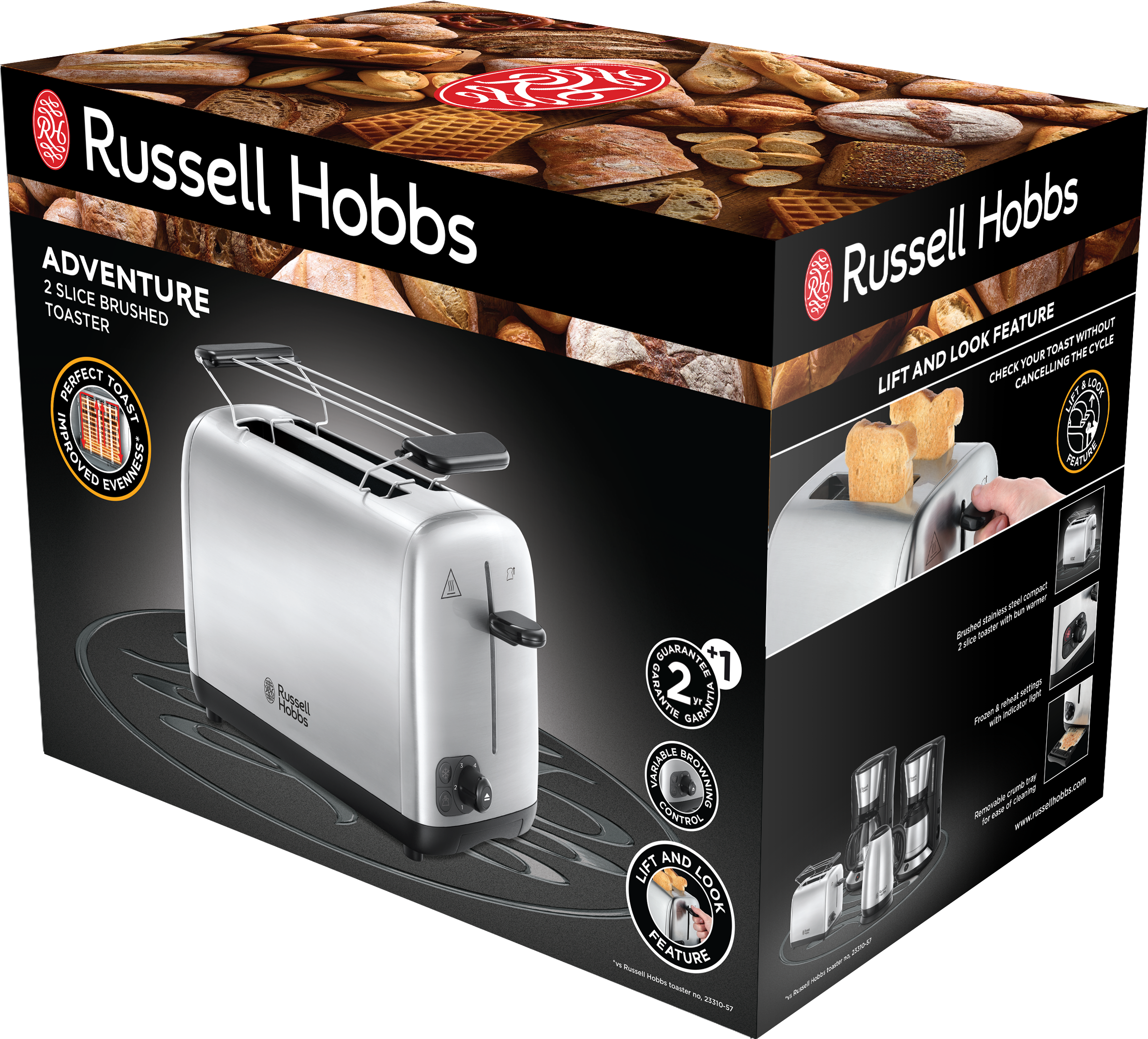 Russell Hobbs Adventure kenyérpirító doboz. A kenyérpirító a dobozon, pirítóssal. Szöveg a dobozon.
