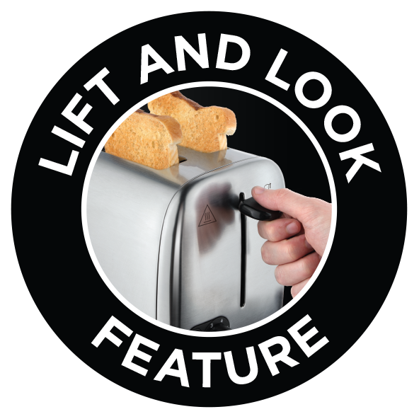 Egy kenyérpirító, amiből pirítóst emelnek ki. A "LIFT AND LOOK FEATURE" felirat a kép körül.