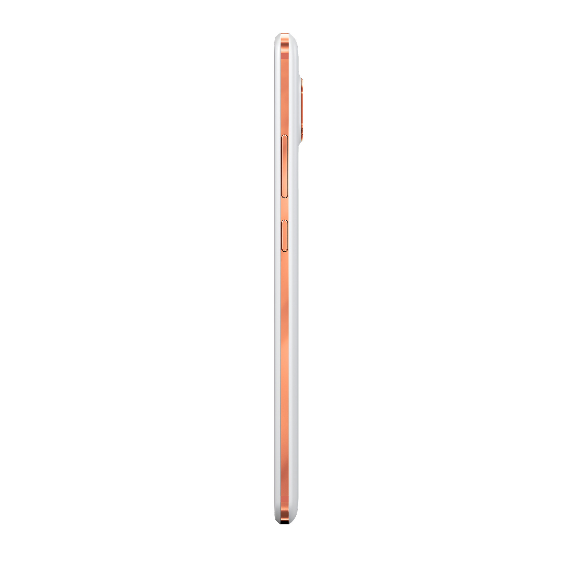 Weißes Smartphone mit roségoldfarbenem Rand, Seitenansicht, Tasten sichtbar. Isoliert auf weißem Hintergrund.