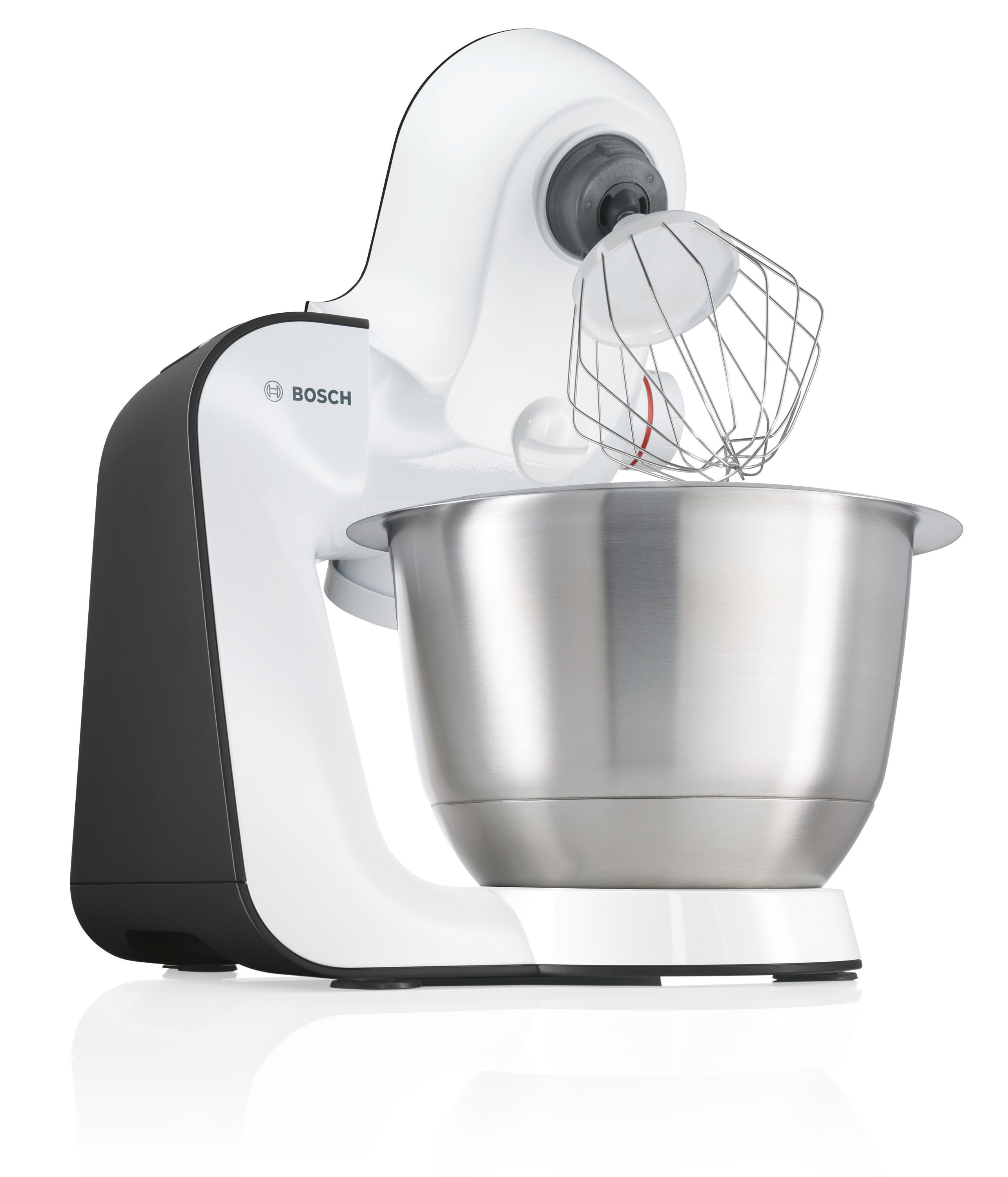 White and black Bosch stand mixer, stainless steel bowl, and wire whisk attachment.