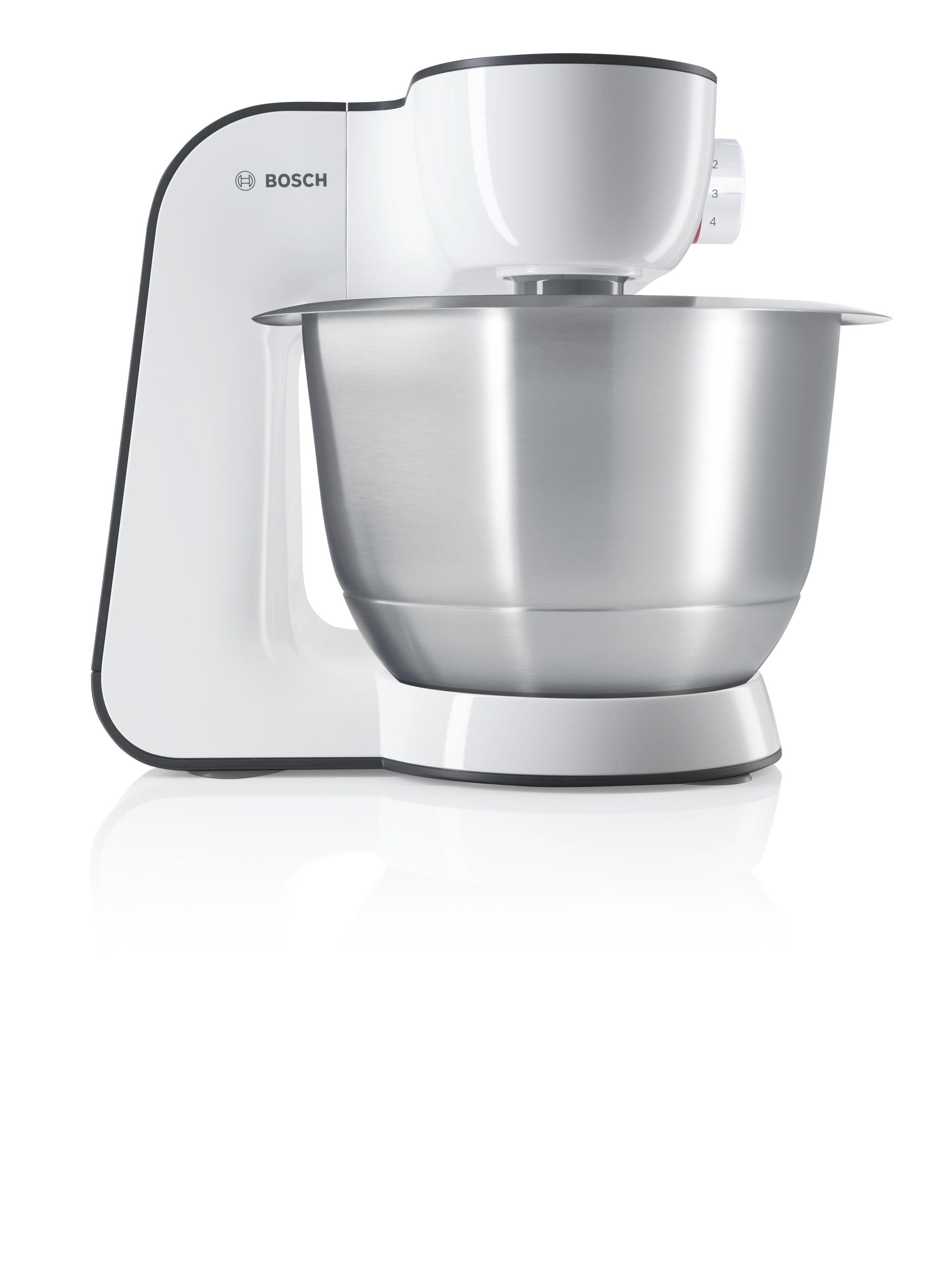 White Bosch kitchen mixer with a stainless steel bowl, set against a white background.