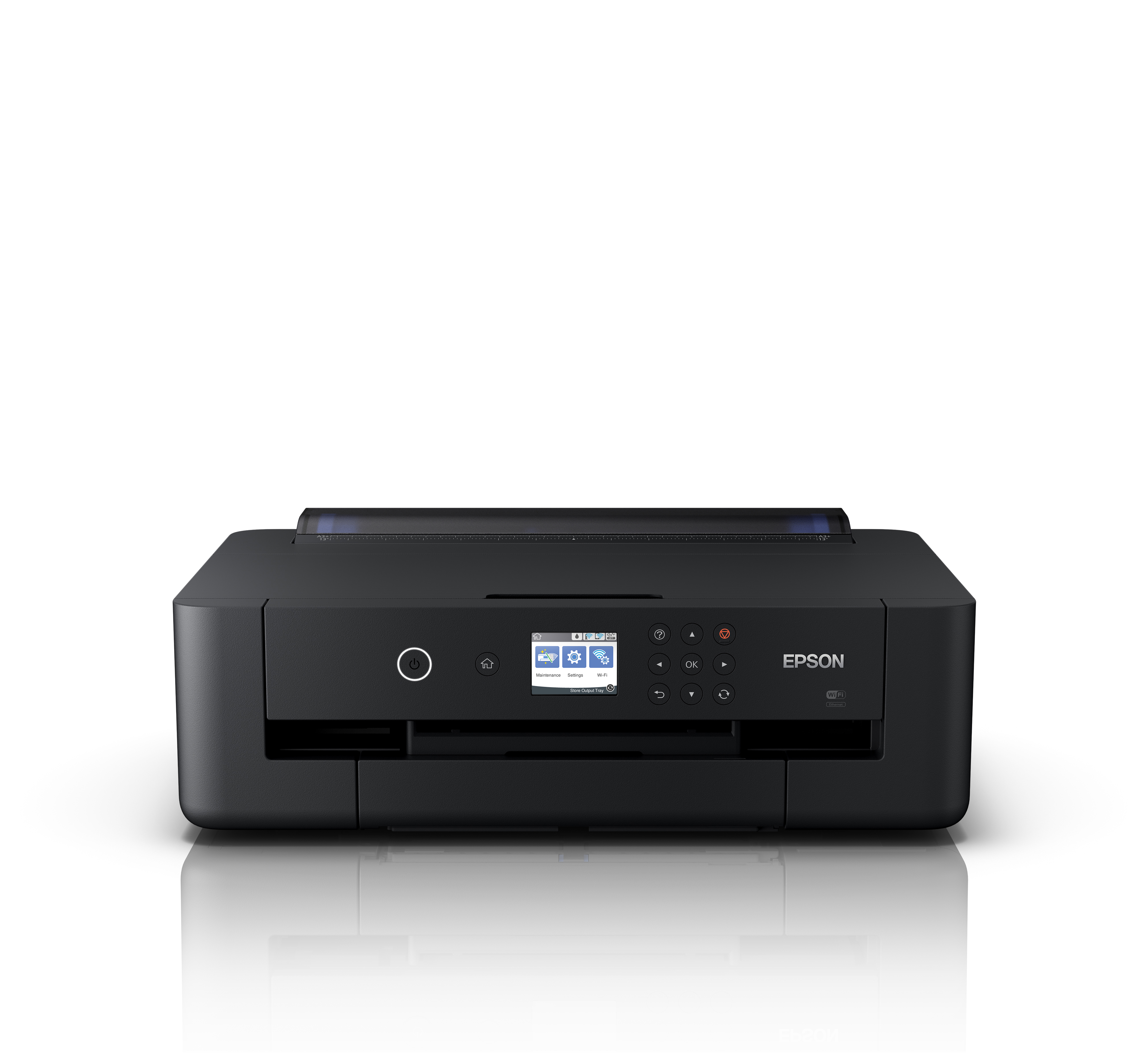 Ein schwarzer Epson Drucker mit Bedienfeld und WLAN-Symbol.